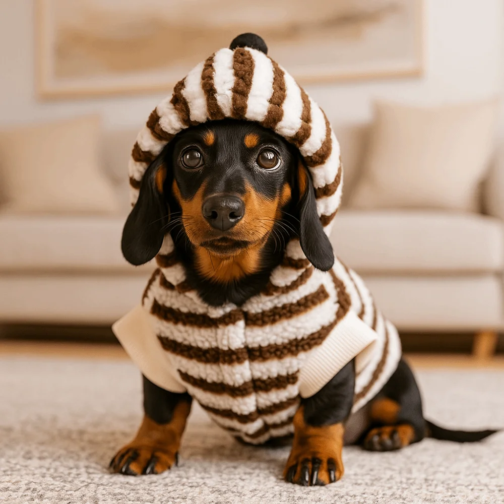 

Cute Cartoon Pattern Striped Dog Hoodie Warm Wind Proof Pet Hooded Jacket with Ball Thickened Winter Dog Clothes Outdoor