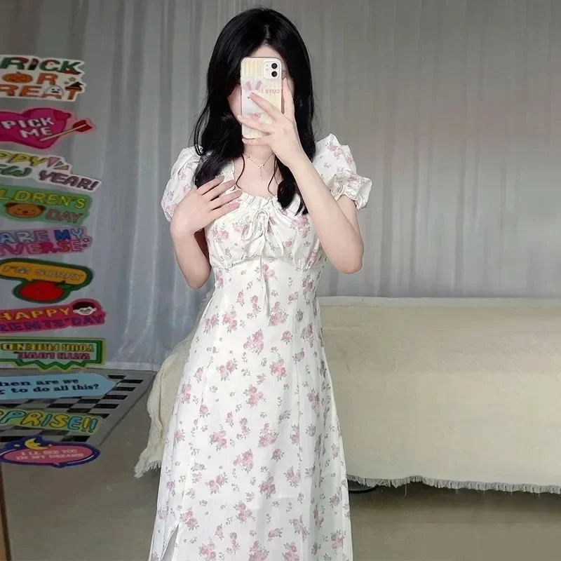 فساتين نسائية قصيرة الأكمام برباط منقوش عليه زهور ومزاج جميل للسيدات Y2k فستان كوري عتيق عالي الخصر من Vestidos 원ipiС