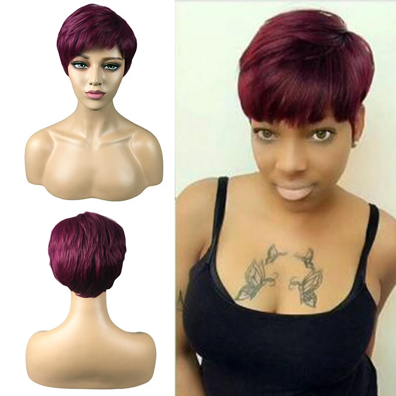 New fashion , purple-red hair, slightly curled side-parted short wig