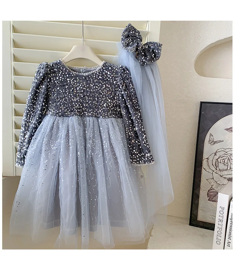 

Kid Girl Elegant Dress Two Piece Set Sparkling Tulle Skirt Long Puff Sleeves Bow Tulle Hair Accessory Children Princess Gown