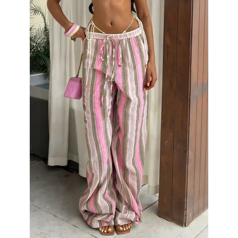 سراويل نسائية كاجوال مخططة بخصر مطاطي وواسعة الساق سراويل نسائية عصرية على طراز المنتجع