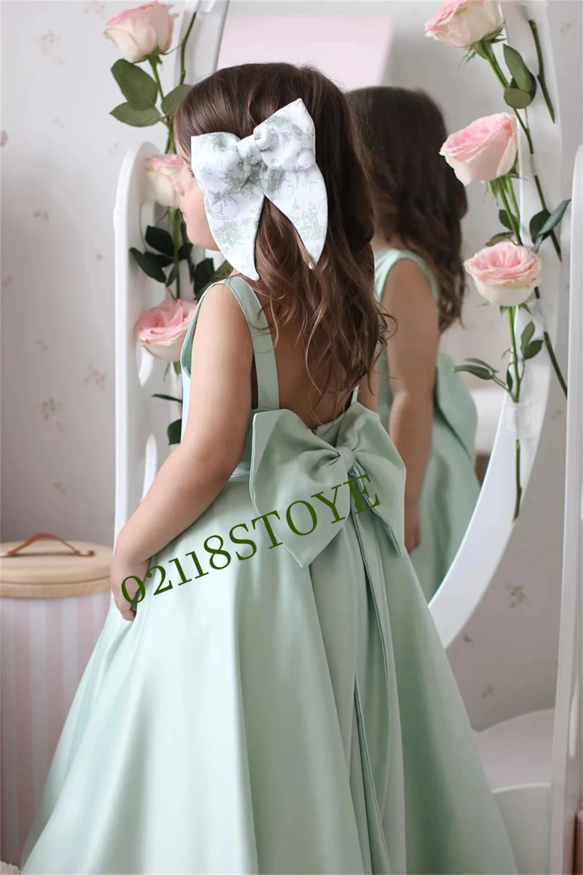 Vestido de menina flor para casamento cetim verde sem mangas com arco crianças princesa primeiro eucarístico vestidos de festa de aniversário