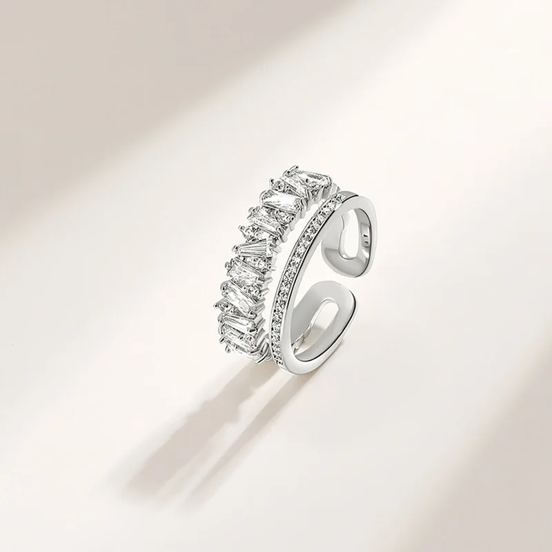 Exquisite Luxury 925 Sterling Silver Adjustable Double-layer Hollowed-out Full Zircon Ring for Women Girl Jewelry Accessory Gift