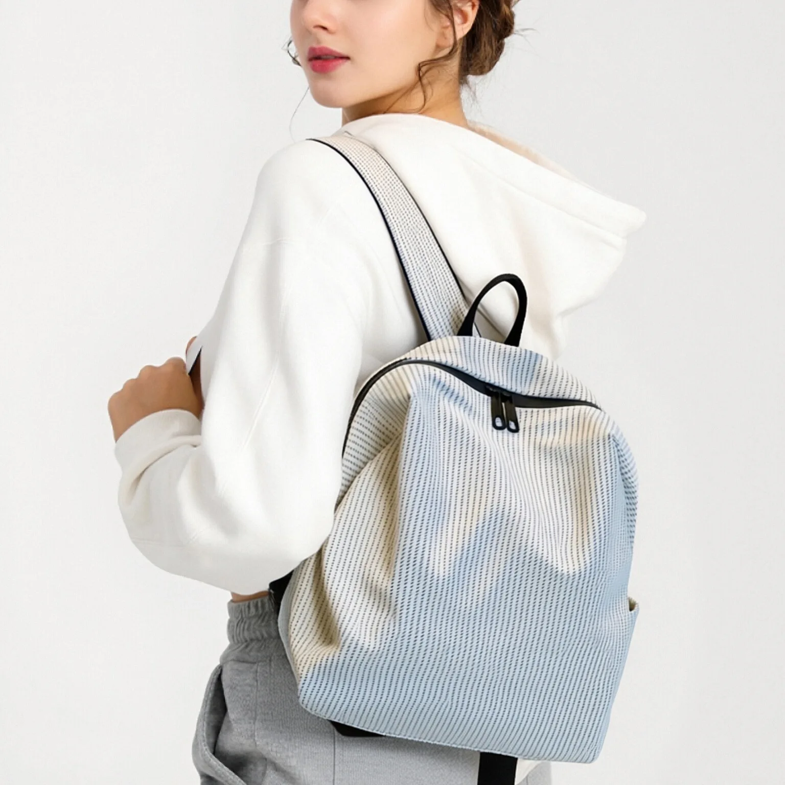 hong-kong-fashion-striped-women's-backpack-casual-lightweight-large-capacity-shoulder-bag-nylon-material-daily-use-square-shape