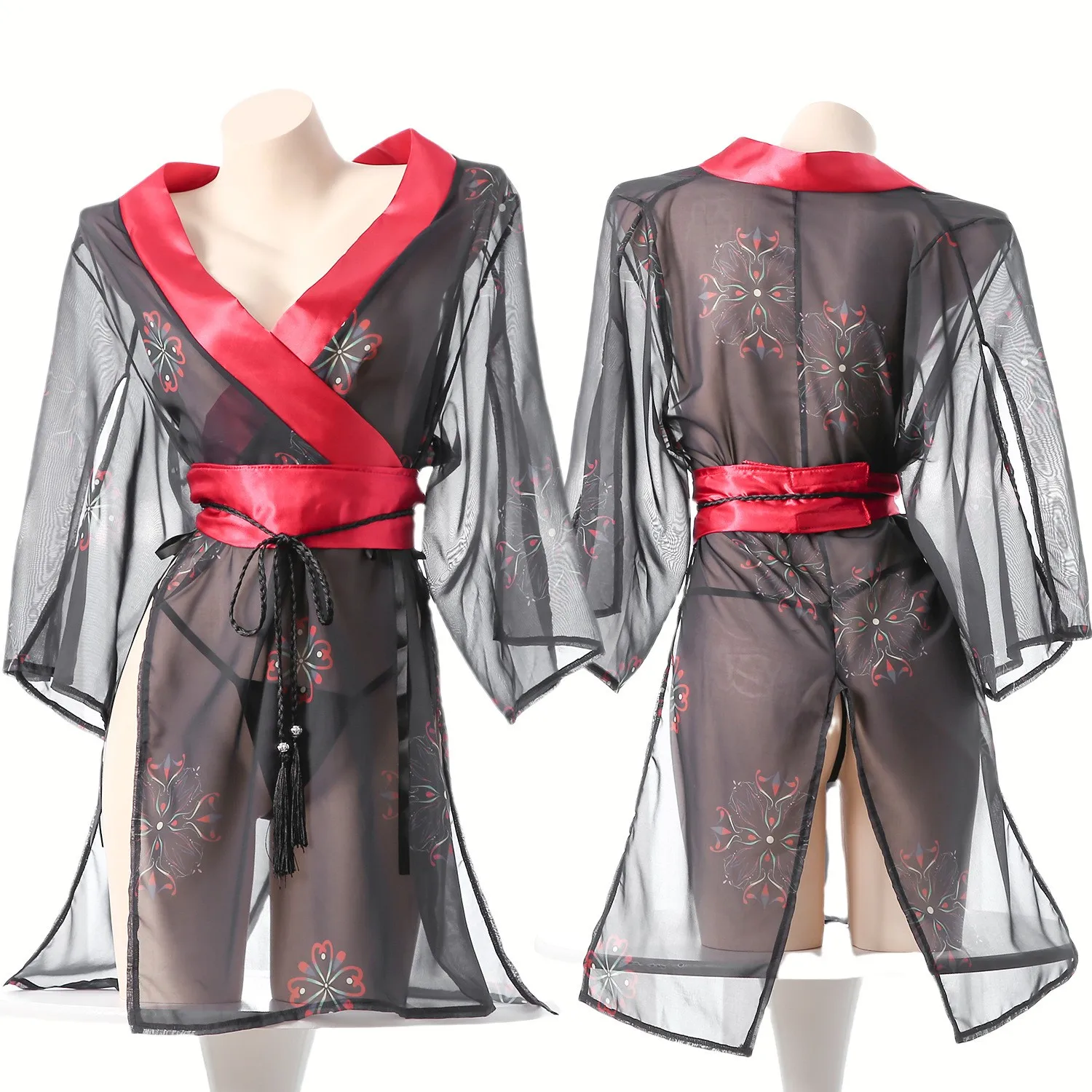 

Women's Black Sheer Mesh Japanese Kimono Robe Red Trim Floral Print Sexy Lingerie Nightwear