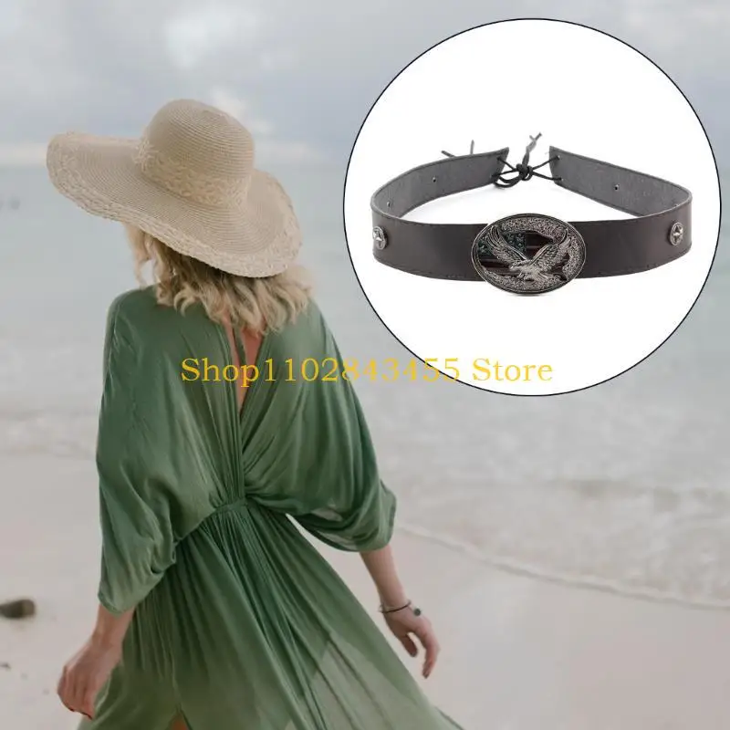 49MC Cinturón sombrero cuero PU portátil para sombrero tejido paja Banda ajustable para sombrero para adulto