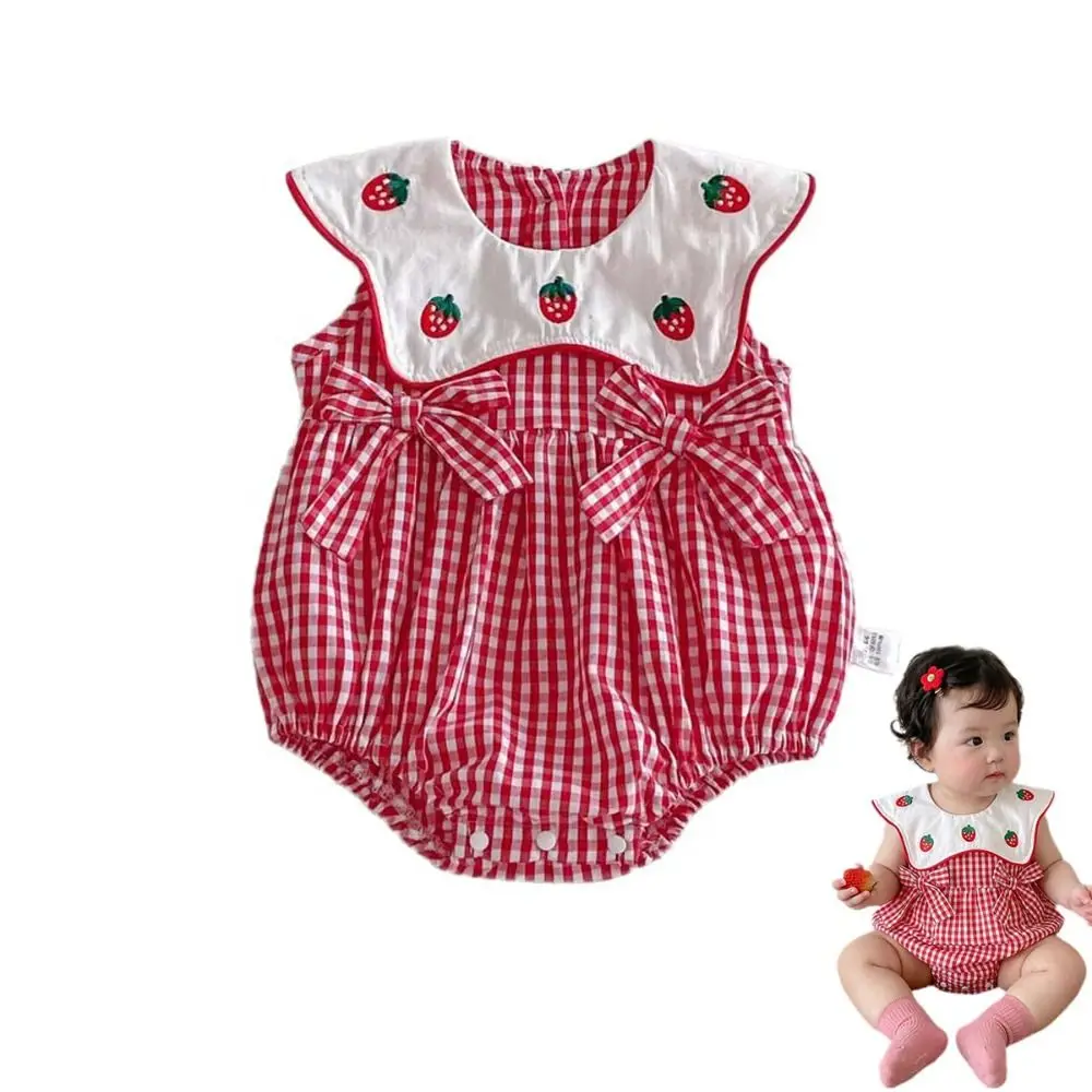 Red Gird Sleeveless Girls Bodysuits Strawberry Embroidery Lace Collar Newborns Clothes Soft Strawberry Print