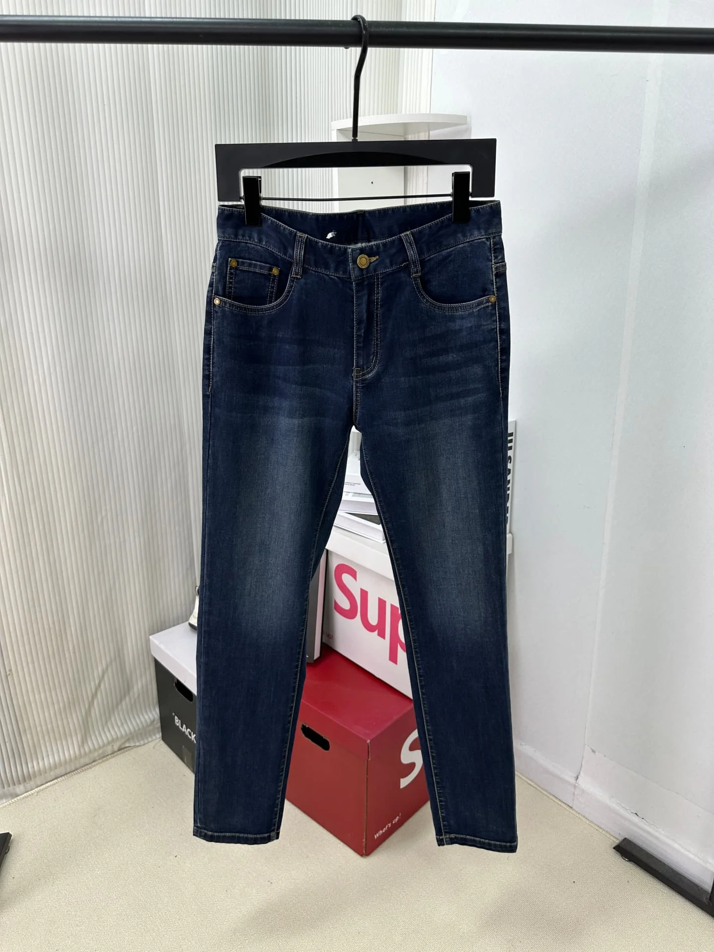Classic Versatile Deep Blue Jeans Casual Straight Leg Slimming Washed Elastic Men's Bottom Wear Commuter Fashion Trend