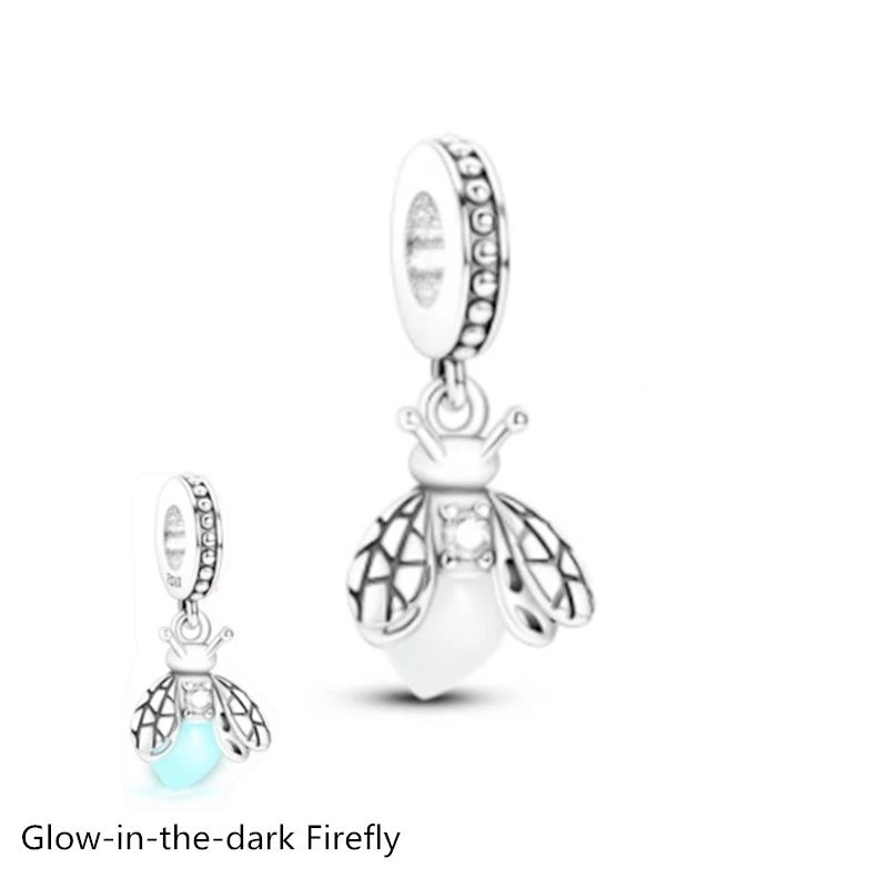 NEW Fit Original 925 Sterling Silver Bracelet Glow-In-The-Dark Firefly & Red Ladybird Dangle Charm Bead DIY Jewelry Gift