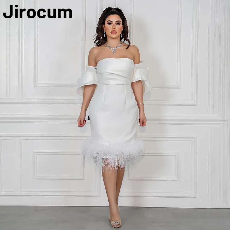 

Jirocum Sexy Short White Prom Dress Women's Strapless Feather Mermaid Party Evening Gown Knee Length Special Occasion Dresses