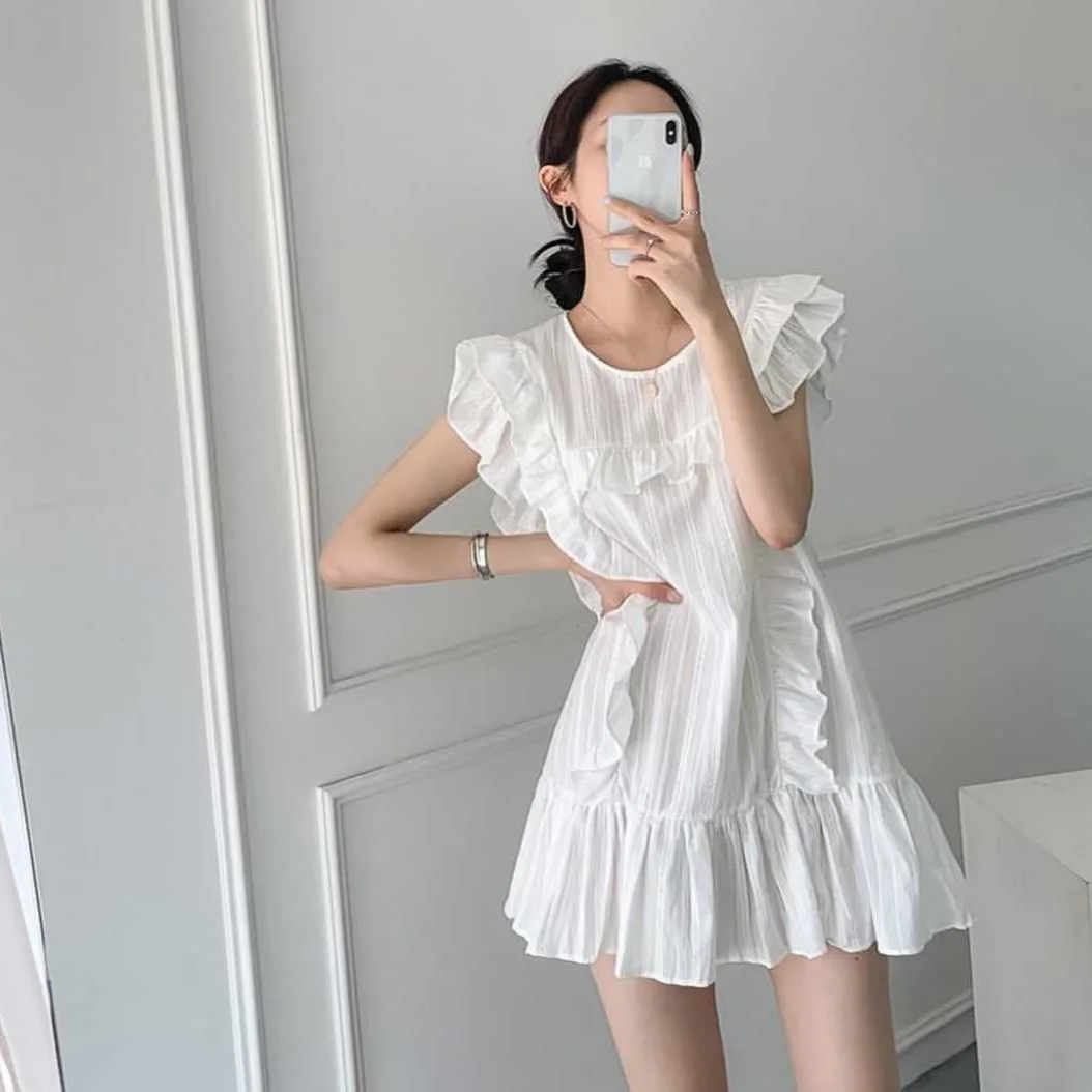 Fashionable Casual Style Wooden  Ear Reduction Age Dress Summer 2026 Sweet Princess Skirt Loose Waist No Sleeve City Commute