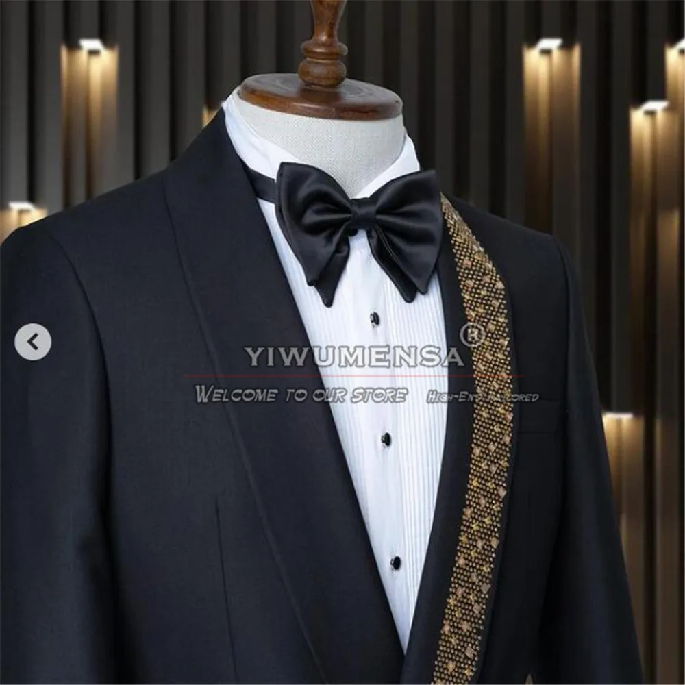 Black Wedding Suits For Men Crystals Beading Jacket Pants 2 Pieces Groom Tuxedos Custom Made Male Fashion Clothing Costume Homme