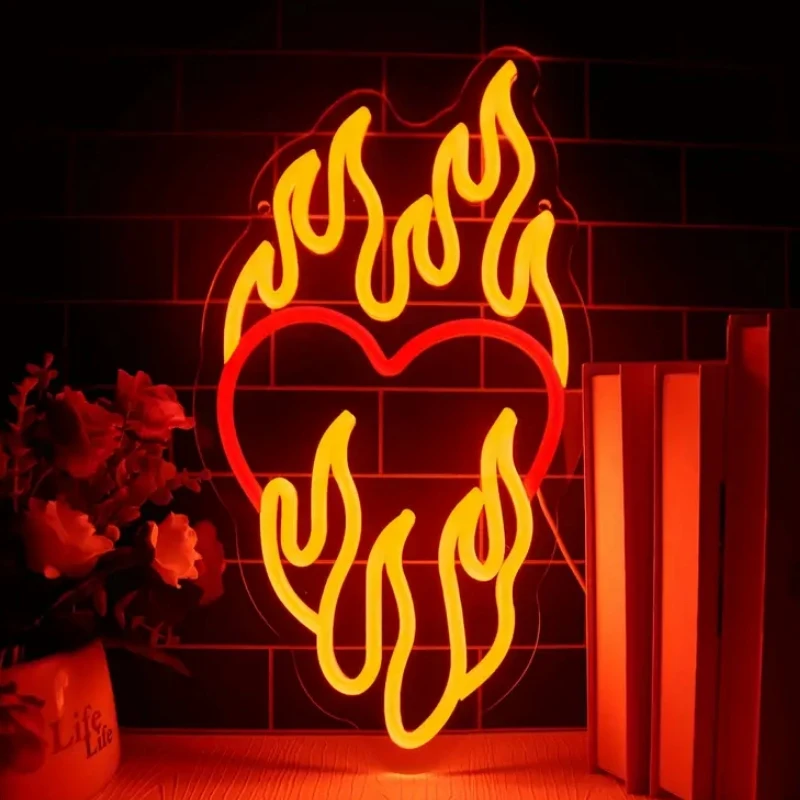 Red Flame Neon Light, Heart-shaped Flame LED Neon Sign, Cool Fire Light Up Wall Art Sign, For Room,Bar,Outdoor