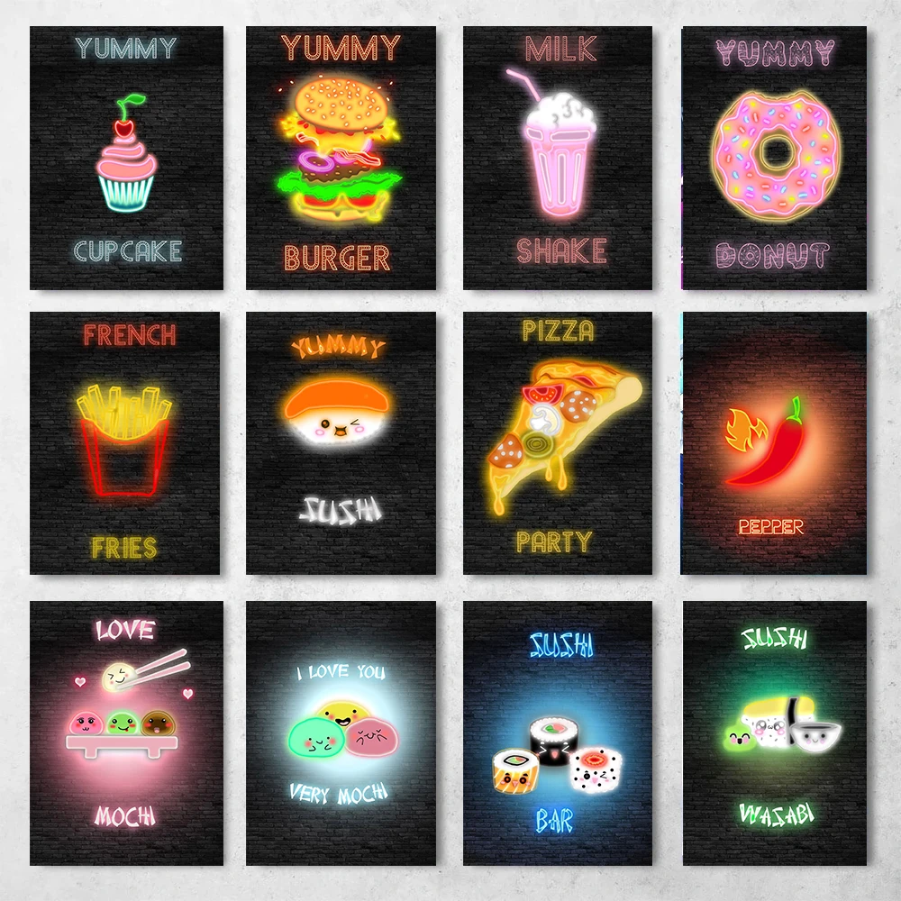 Neon Food Poster Donut Pizza Burger Sushi Soda Mochi Wand kunst Bild Leinwand Malerei Druck Restaurant Bar Home Dekoration Geschenke