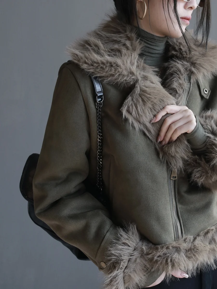 

Warmo2026 Winter New ort Lamb Fur Suede Jaet Motorcycle Sle Women's Outerwear Zipper Closure Street Faion Long Sve