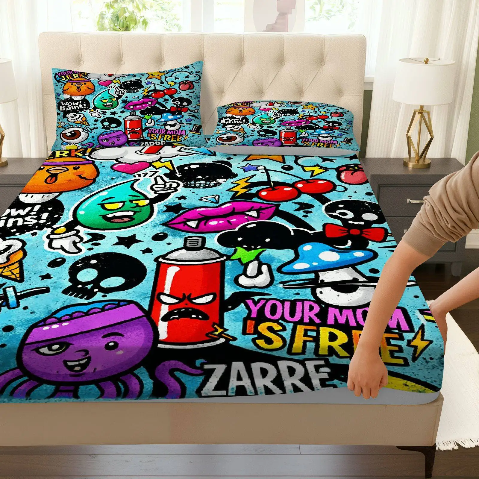 Flat Printed Fitted Sheets, Bedroom Decor, Bedding, Home Bedroom Decor, Holiday-Themed Fitted Sheets and Pillowcases, Mattress Protector, Stain-Resistant, Mattress Cover. Suitable for All Seasons, Machine Washable, Easy to Care For, Graffiti Cartoon Style Fitted Sheet Set, Artistic Themed Bedding, Soft and Breathable Mattress Protector