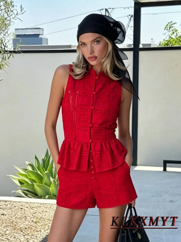 Women Elegant Knit Embroidery Hollowed-Out 2 Pieces Sets New Fashion Office Wrinkled Hem Vest Top+Short Two Piece Set Red Outfit