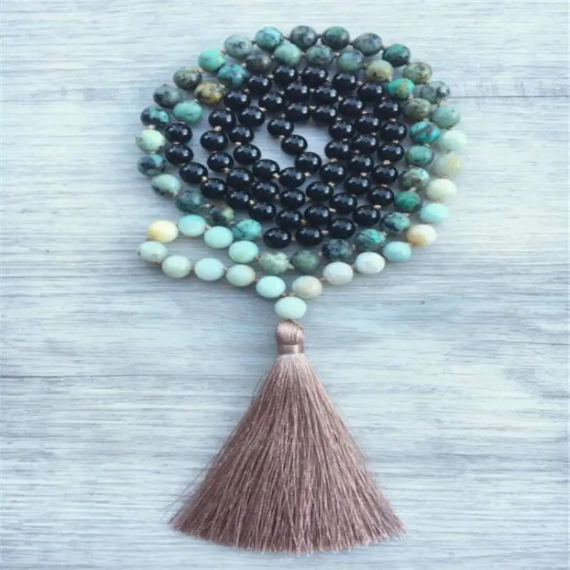 

Natural African Turquoise & Black Onyx 108 Beads Mala Necklace with Beige Tassel Spiritual Meditation Jewelry