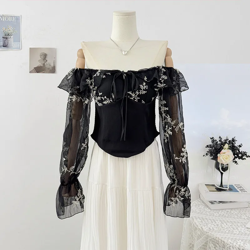 

Women Spring Summer Off-Shoulder Embroidered Floral Long Sleeve Lace Top Slim Fit Blouse Top
