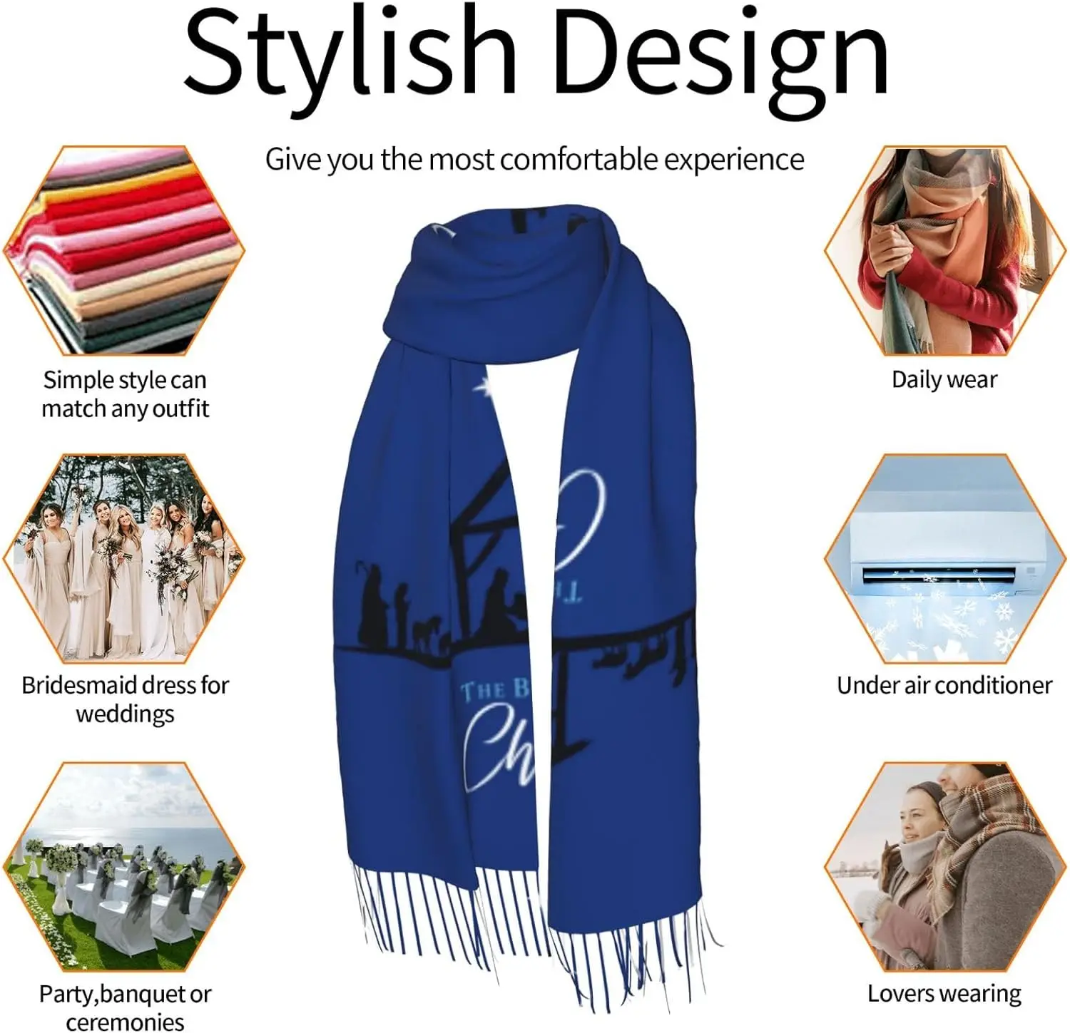 Dark Blue Christmas Nativity The Birth of Christ Tassel Scarf Wraps Fashion Fringed Scarves Classic Winter Warm Shawl Scarf Gift