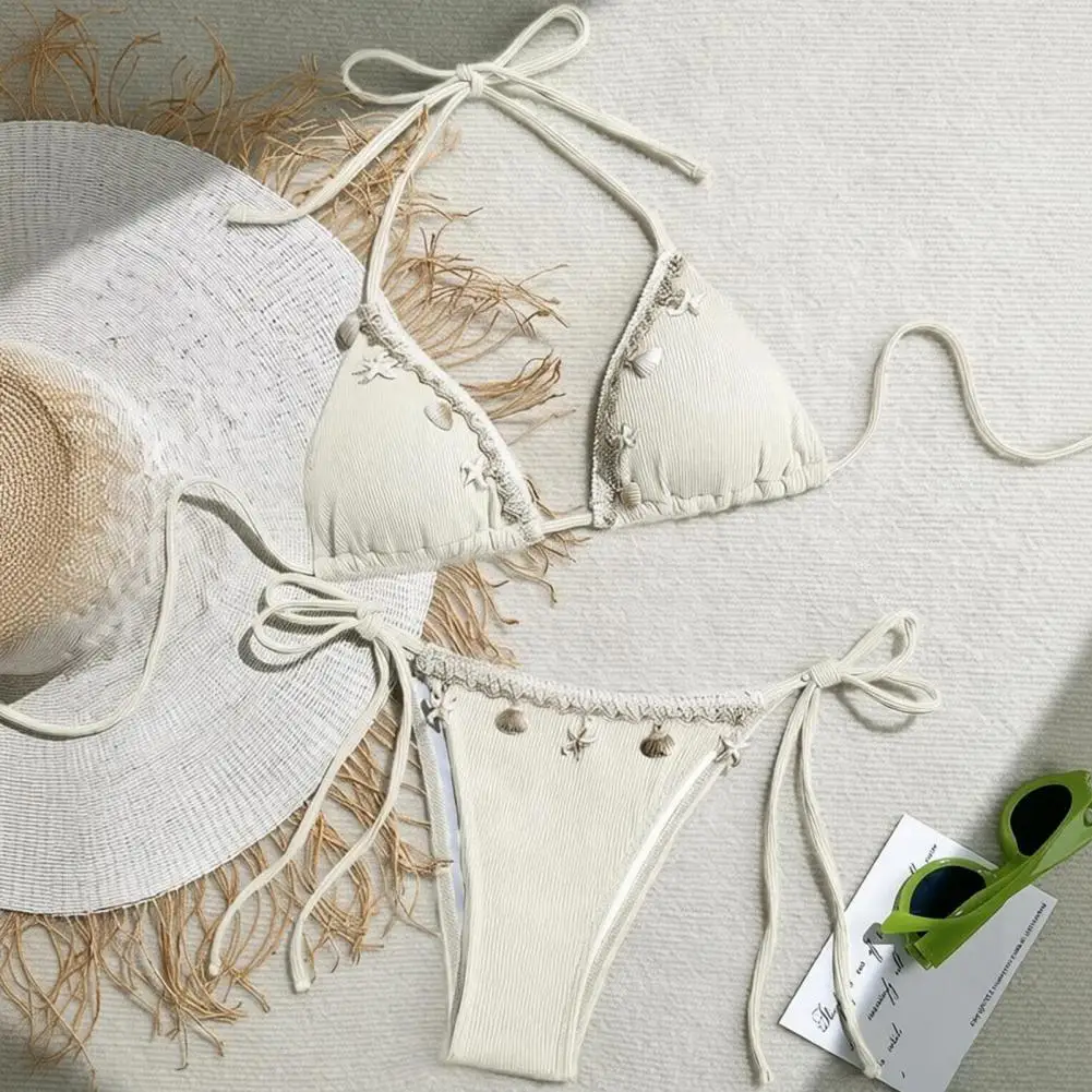Lace-Up Shell Bikini Set, Sexy Halter Bra with Swim Bottoms, Elegant Two-Piece Beach Outfit for Ladies