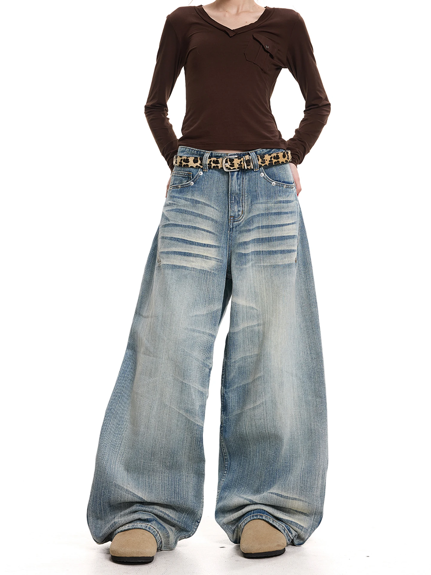 

Waed American Sle Blue Wide Leg Jeans Loose Straight Floor-Length Pants Slimming Faionable FreeMary Women's Denim