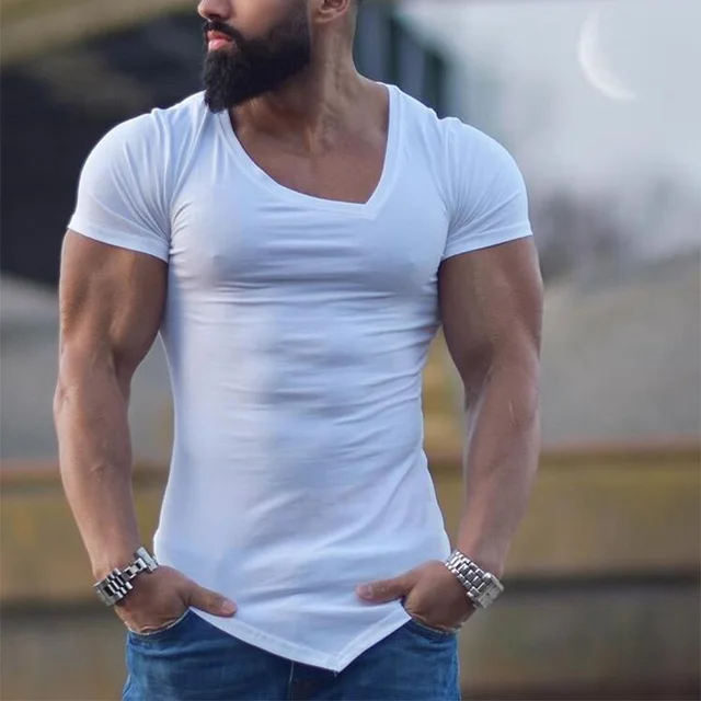 Jednokolorowe koszulki z krótkim rękawem Slim Fit z dekoltem w kształcie litery V Siłownia Kulturystyka Fitness Koszulki z mięśniami Męskie koszulki treningowe o nieregularnym kroju