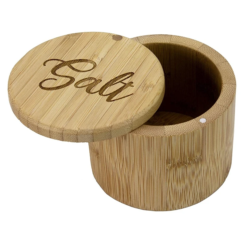 Salt Box, Bamboo Storage Box With Magnetic Swivel Lid, Salt Engraved On Lid Bamboo Salt Keeper Storage Box