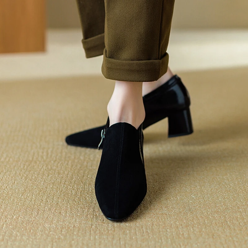 NEW Spring/Autumn Women Loafers Sheep Suede Leather Shoes for Women Pointed Toe Chunky Heel Soft Shoes Black Zipper Women Pumps