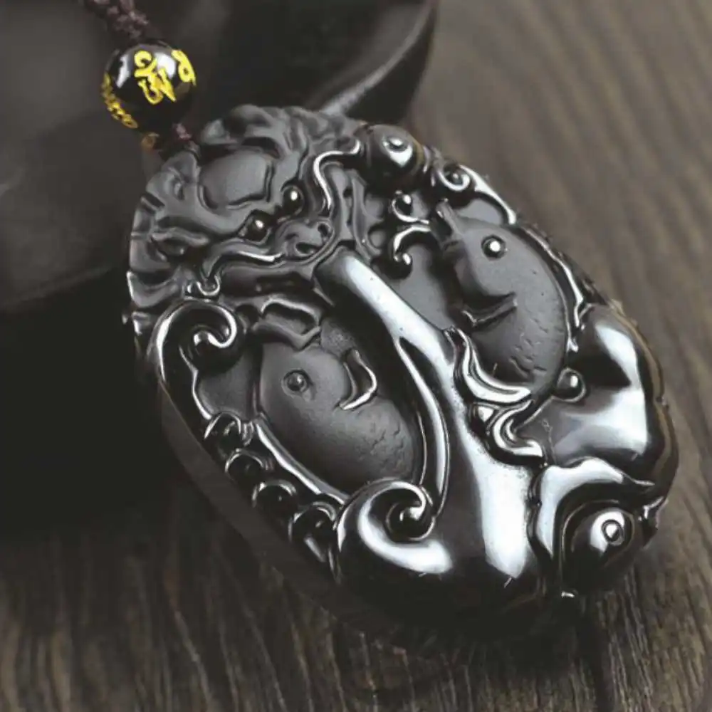 

Natural Obsidian Carved Pisces Amulet Pendant Women Healing Choker Tibetan Men Zodiac Jewelry Charm New Keychain Amulet Reiki