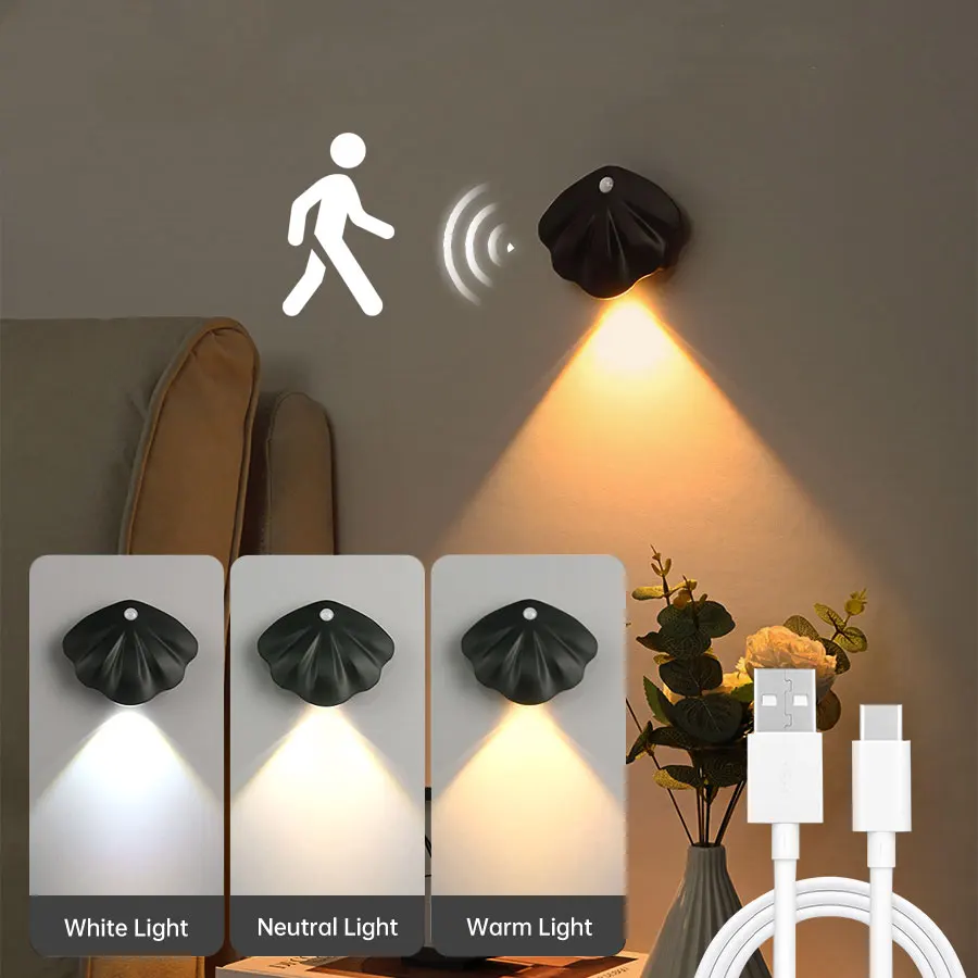 

Tricolor Shell LED Wall Lamp Motion Sensor Night Light USB Rechargeable Bedroom Room Decoration Nightlight For Corridor Stairs