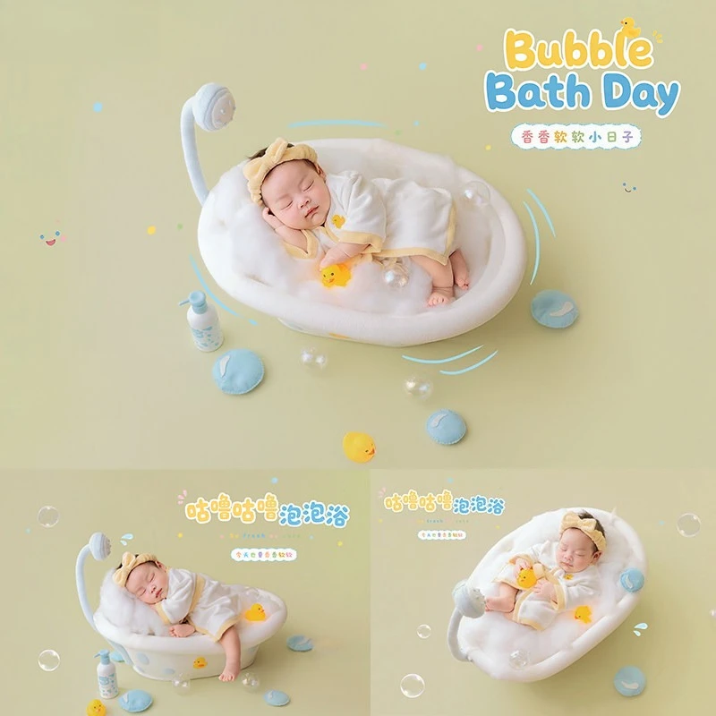 新生児写真撮影用小道具-かわいいアヒルのバスローブセット付きのかわいい写真撮影用入浴テーマ-バスタブ背景-ミニ装飾-スタジオ写真撮影用
