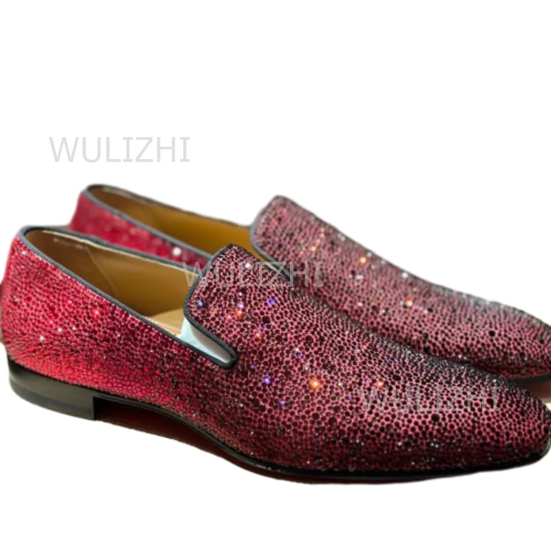 Gold Full Crystal Shiny Men's Loafers Wine Red Black Gradient Oxfords Flat Shoes Party Luxury Clogs Round Toe Casual Print Shoes view 5