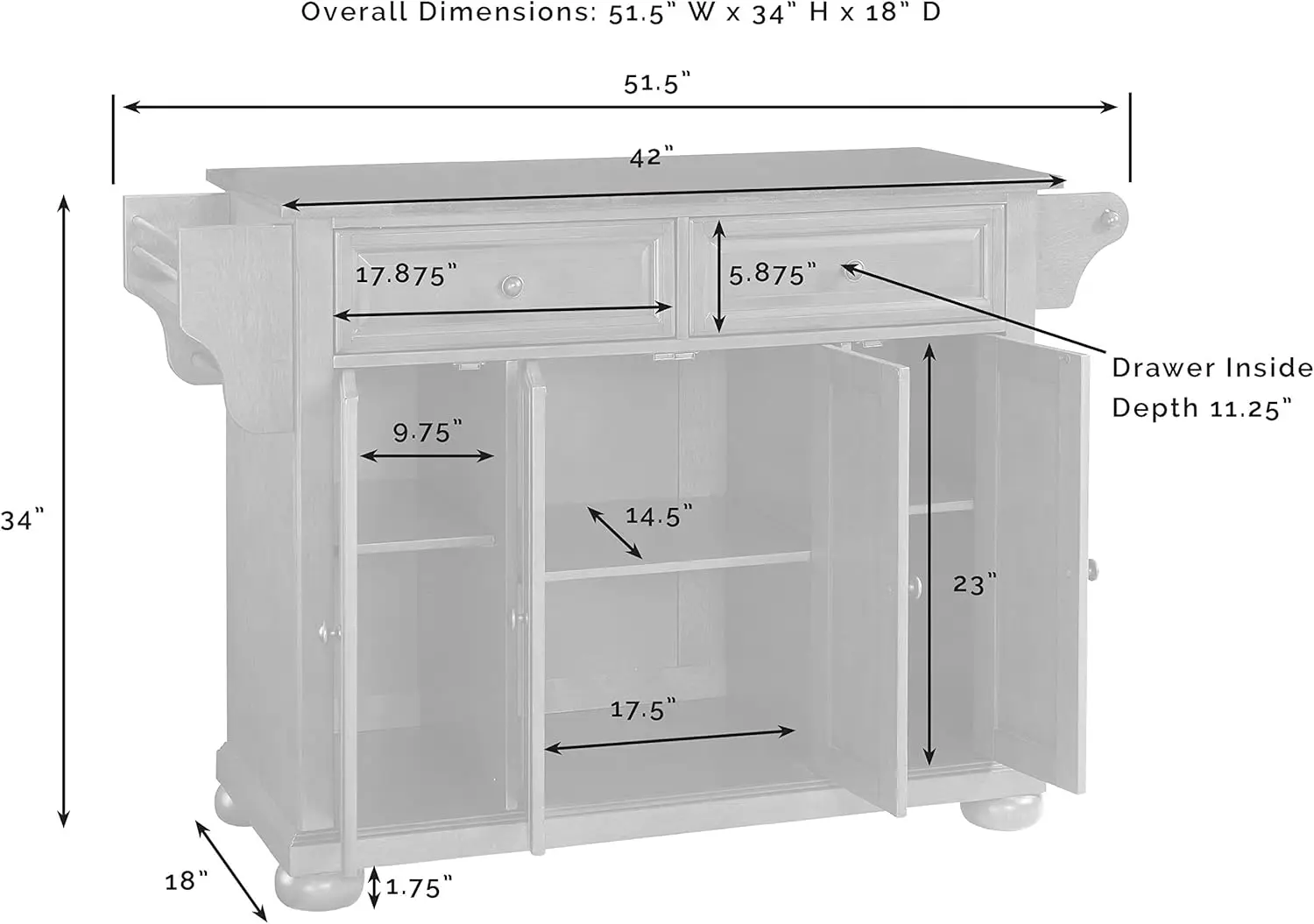 Alexandria Kitchen Island with Solid Grey Granite Top