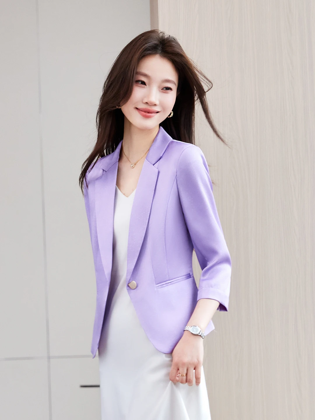 Yellow Seven-Quarter Sleeve Women's Suit Jacket Casual High-End Feeling Commute Style Polyester Fiber Anti-Wrinkle round Hem