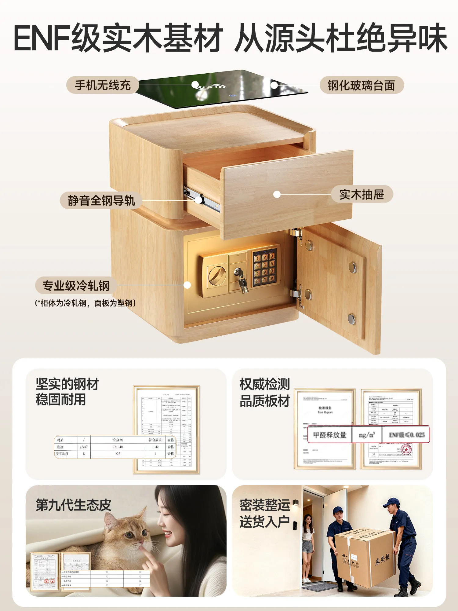 Smart solid wood bedside table, safe, integrated state subsidized household bedroom, small safe