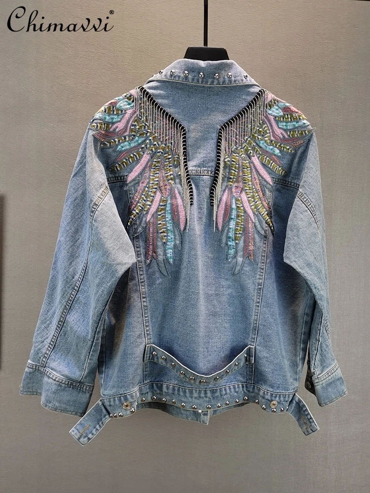 Fashion Denim Jacket Women's Spring and Autumn New European Station Loose Slim Wings Embroidered Fringed Long-sleeved Coat Tops