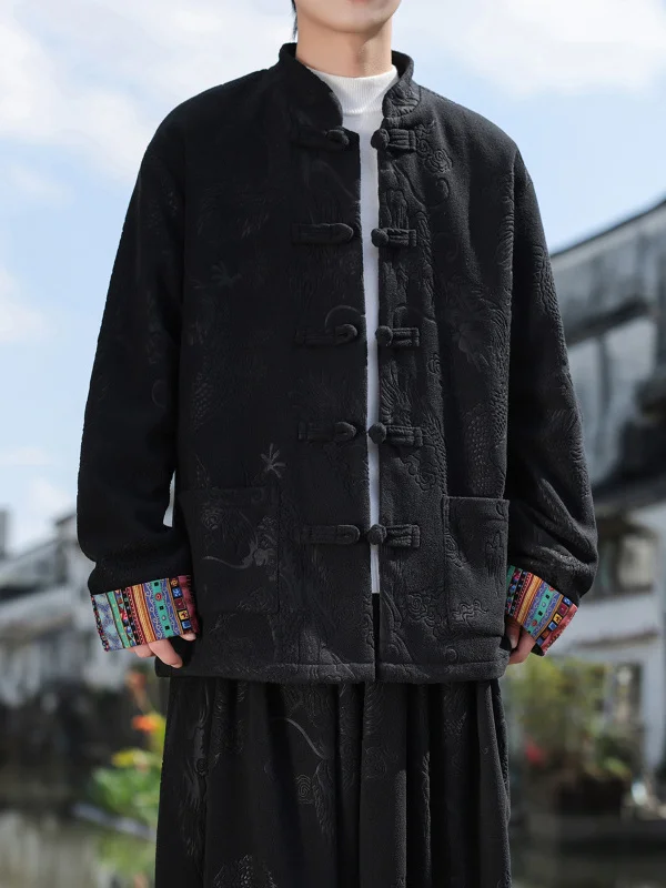 

Tai Chi Sle Dragon Pattern Embroidery Orlon Jaet Men's Autumn Winter Chinese Traditional Faion Outerwear Coat