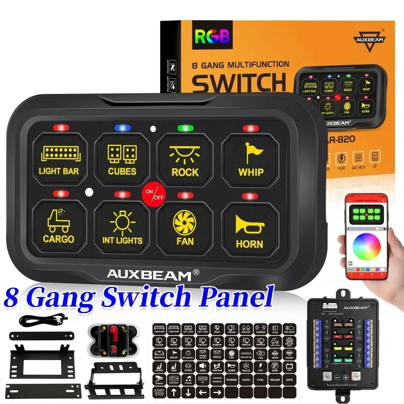 

8 Gang Universal Switch Panel RGB LED Light Slim On-Off Control Electronic Relays System for SUV UTV Boat Caravan (with app)