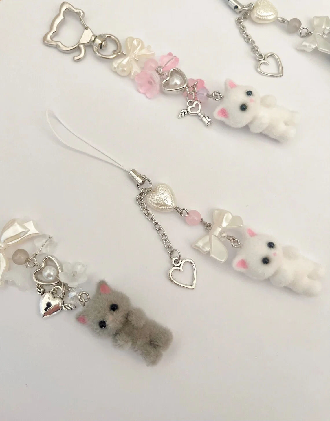 Y2K Coquette Kitty Cat Mini Keychains and Phone Charms, Cottage Core Calico Cat Keychain, Matching Kawaii Cat Friendship Keychai