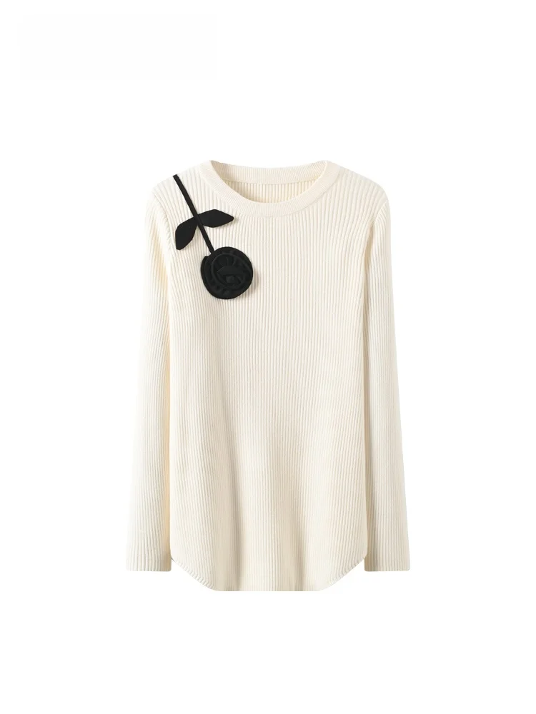 

Женский вязаный топ размера плюс Long Sve, осень-зима, новый повседневный свободный крой с цветочным 3D украшением, Thiened Top