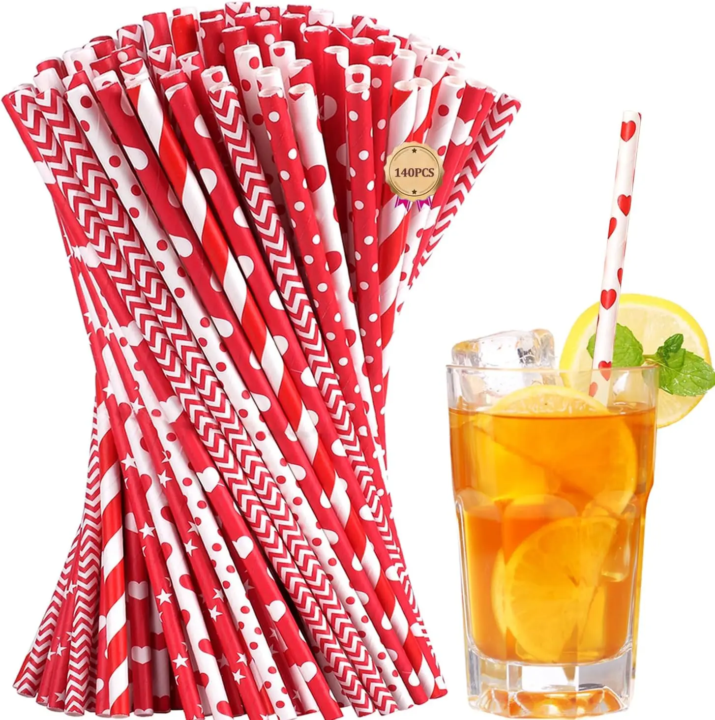 

140 Pack Valentine Paper Straws, 7 Assorted Red White Designs for Parties, Weddings, Holidays (0.24''x8.27'')