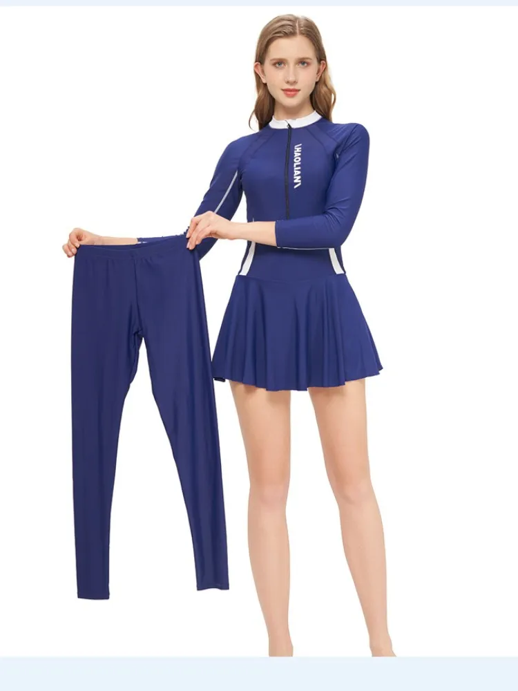 2023 women\'s Wetsuit Long Sleeved Slim And Thin Sunscreen Conservative One-piece Skirt Swimsuit
