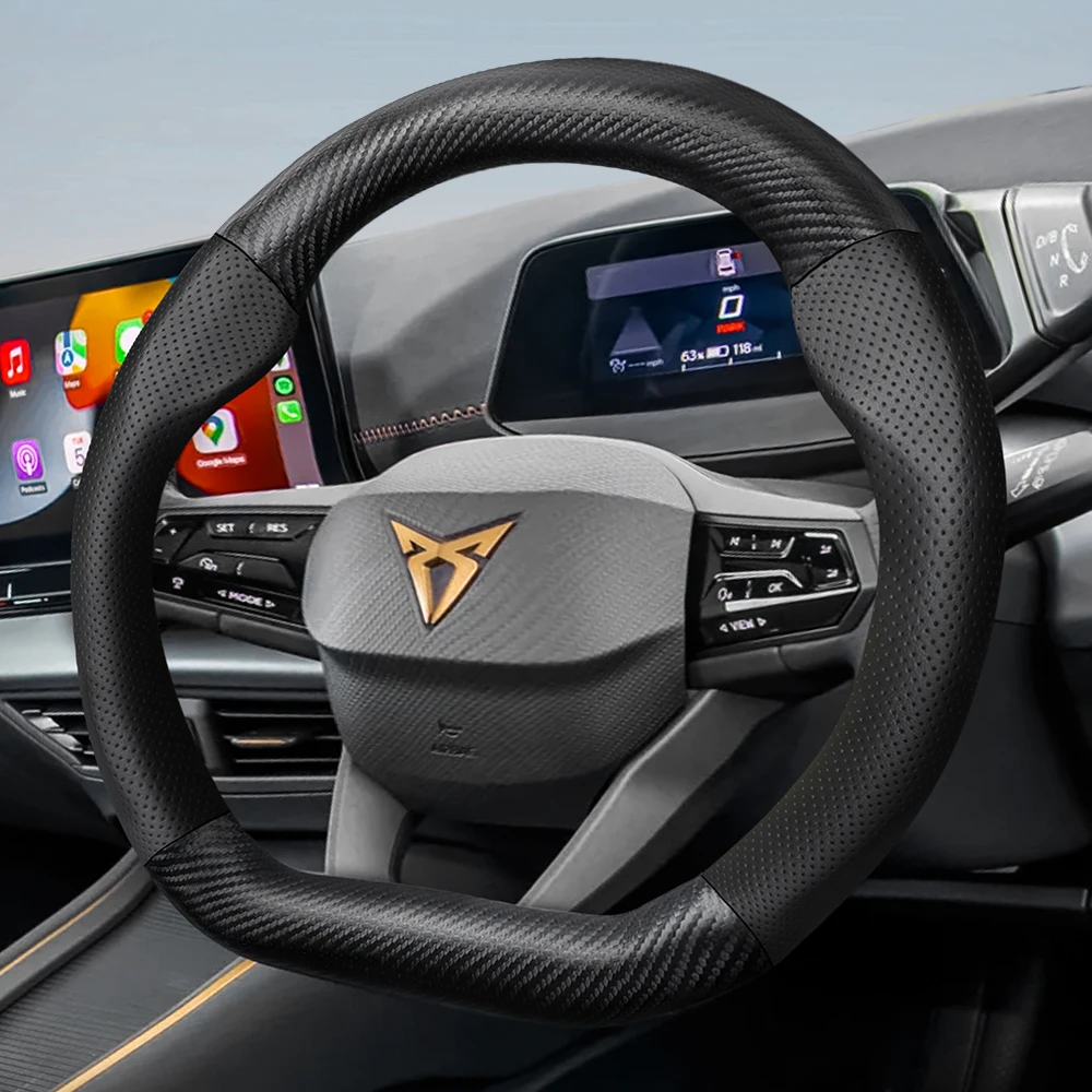 Funda de Volante de Cuero Transpirable con Textura de Fibra de Carbono Mate, Compatible con Cupra Formentor, Leon Sportstourer, Born, Ateca, Tavascan, Terramar y Otros Modelos, en Negro, Rojo y Mocha, Accesorios para Auto