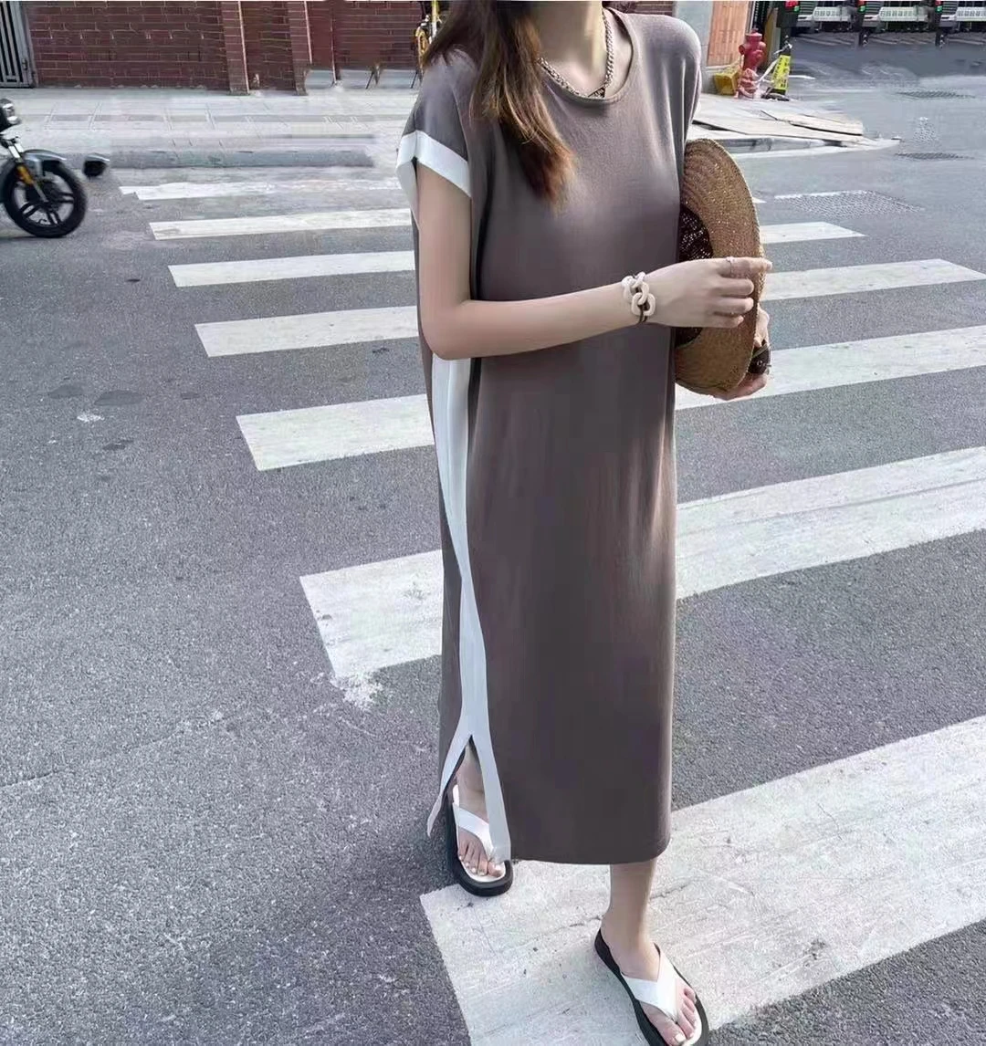 Oversized Korean Fashion Knit Dresses Women Summer Casual Loose O-neck Split Contrast Color T-shirt Dress Harajuku Clothing