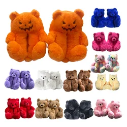 Rytanda Kawaii Teddy Bear Pumpkin Slippers Orange Bear Soft Plush Doll Indoor Fuzzy Flat House Shoes Women Men Halloween Gifts