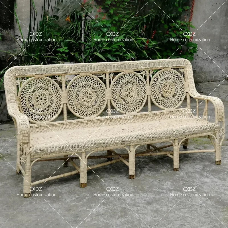 Hand Woven Rattan Chair 4 Seater Sofa Living Room Natural Bamboo Bench Real Rattan Furniture Decor