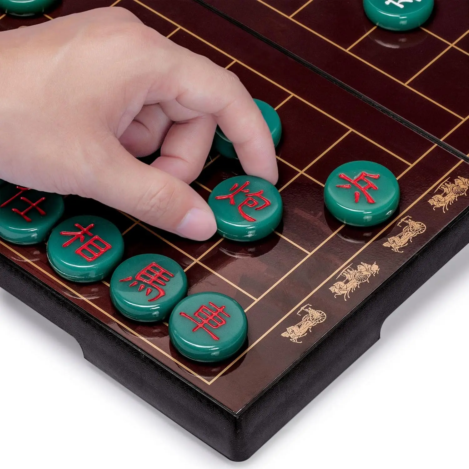 Conjunto de jogo de tabuleiro de viagem magnético de xadrez chinês (Xiangqi) (12,8 polegadas) com peças de jogo de cor jade