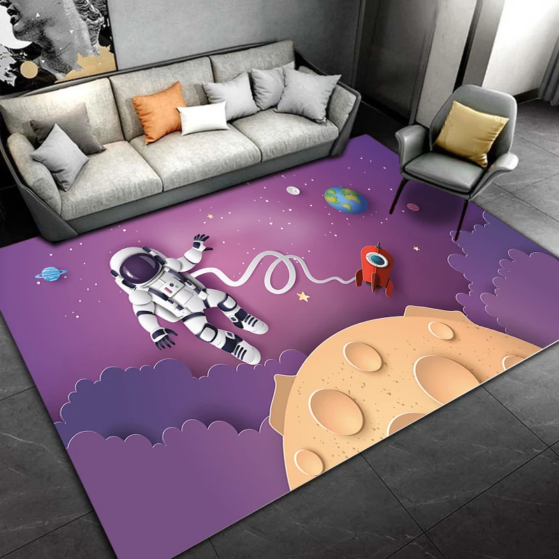 Cartoon Rocket Astronaut 3D Carpet Children's Room Space Floor Mat Teen Room Rug Living Room Cute Crawling Game Mat Bedside Rug