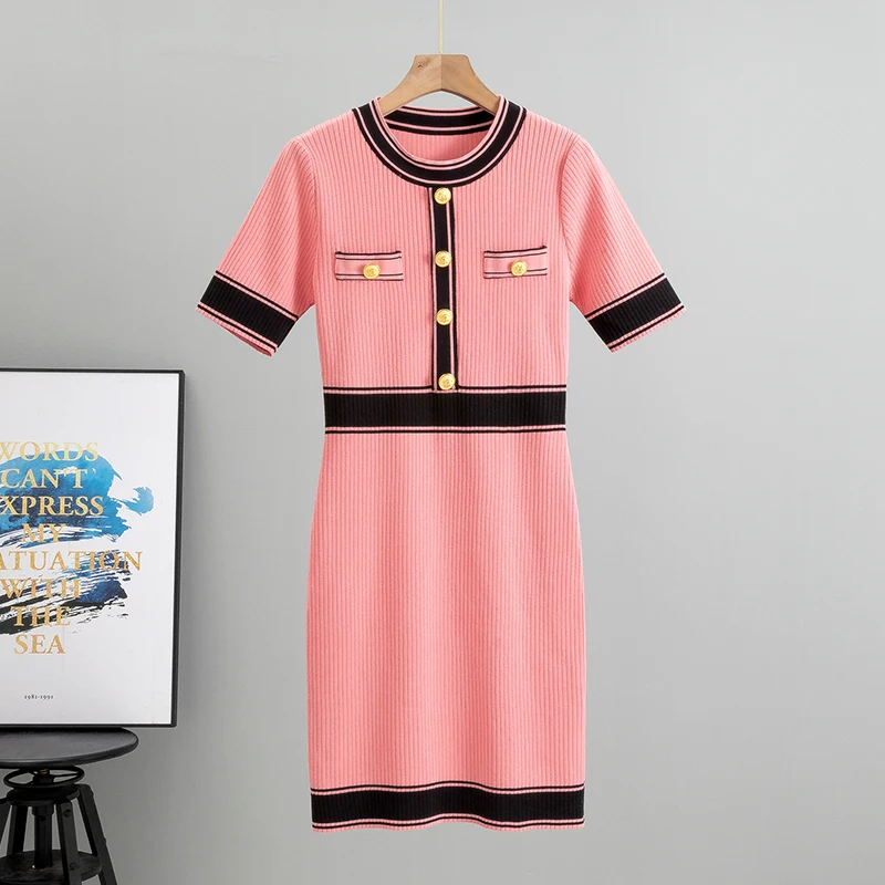 

2024 Summer Casual Knit Short Sleeve Dress Women O Neck Waist Bodycon Female Korean Style Midi Dress